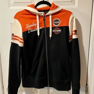 Harley Davidson Women's Black and Orange Zip Up Jacket Hoodie